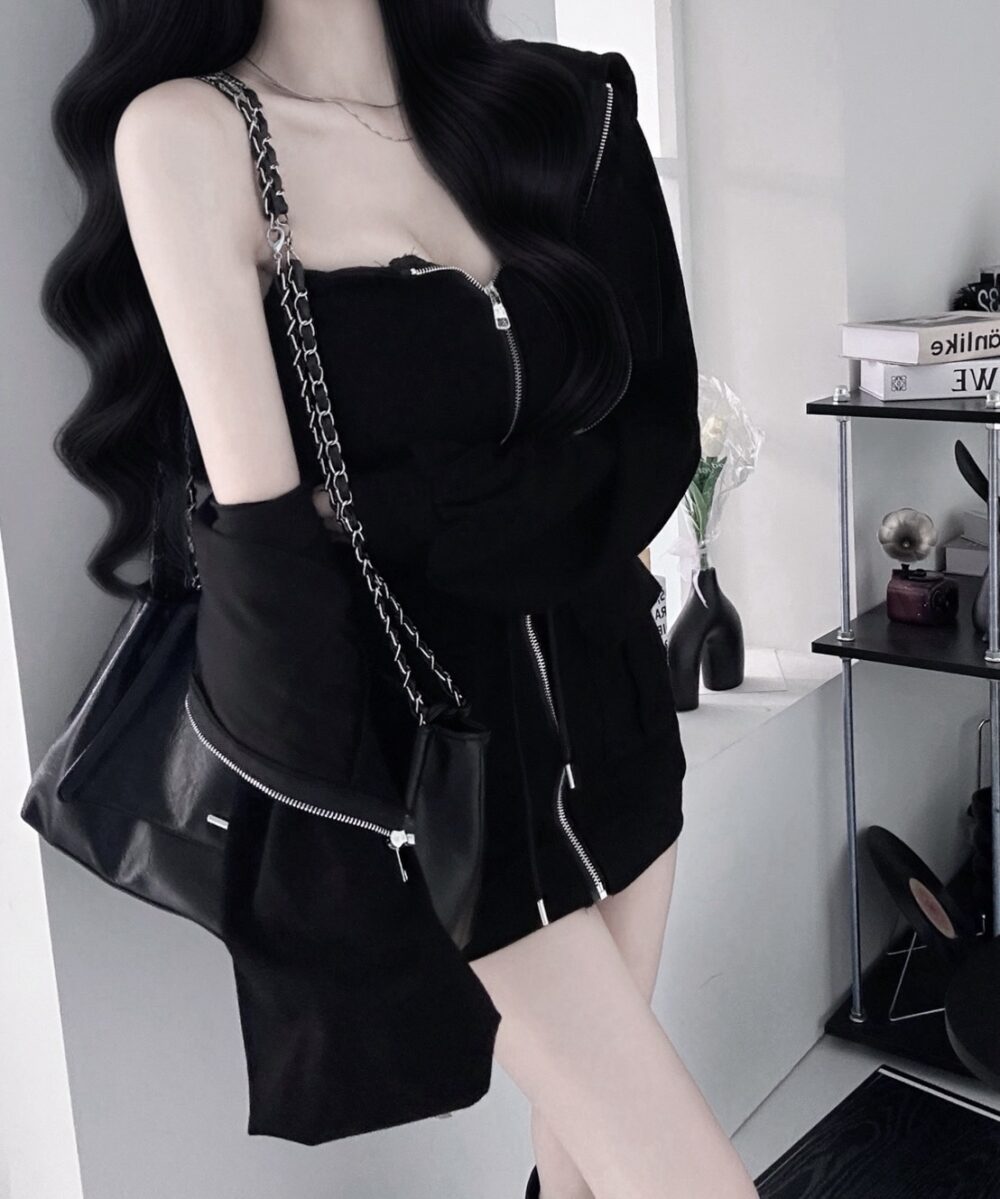 86902 拉鍊口袋鬆緊綁繩連身洋+連帽短版外套2件Set