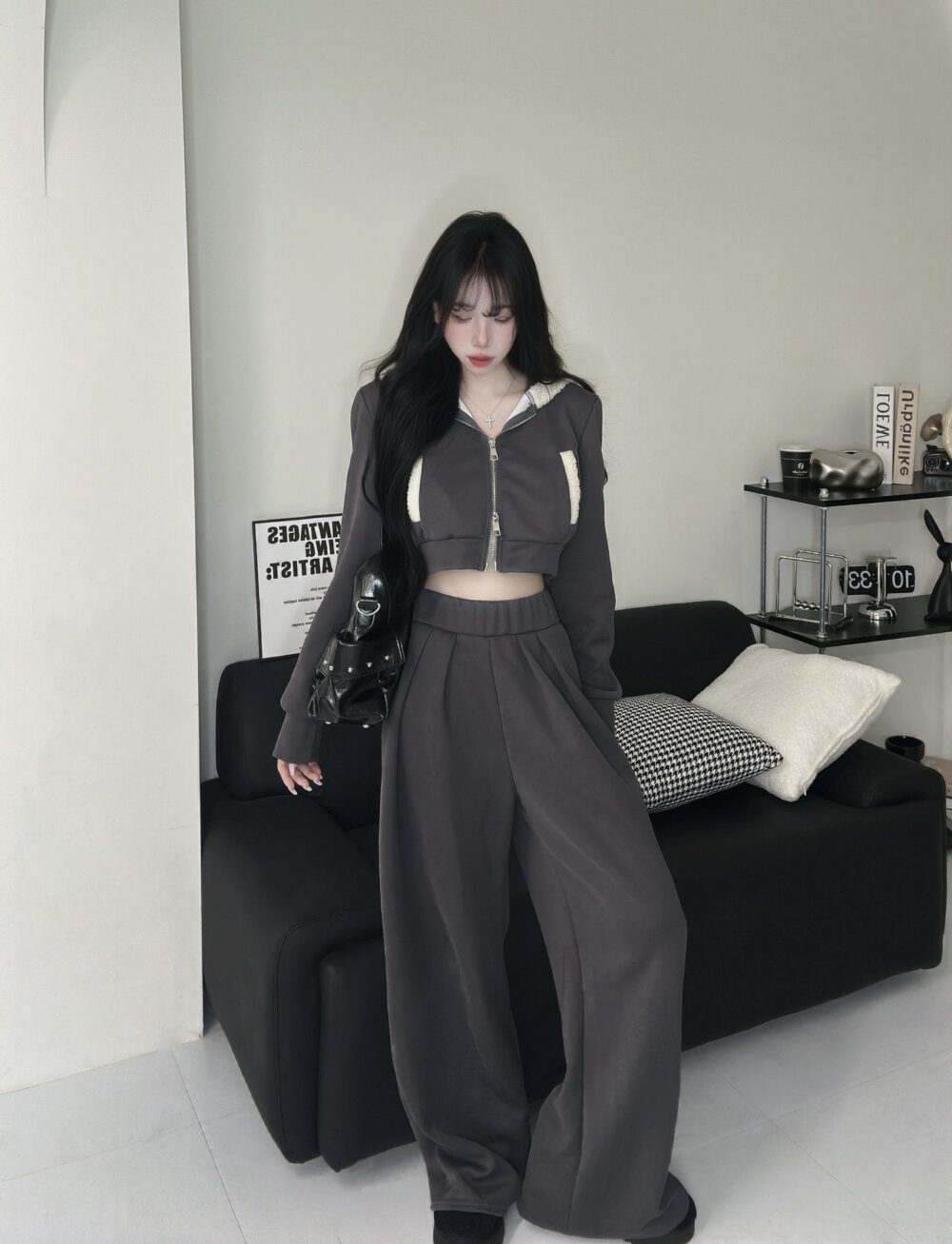 #86915拼接羊羔毛雙拉鏈連帽短版外套+愛心彈性鬆緊寬褲Set