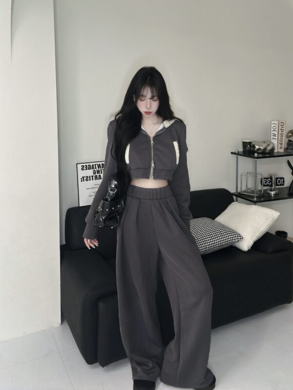 #86915拼接羊羔毛雙拉鏈連帽短版外套+愛心彈性鬆緊寬褲Set