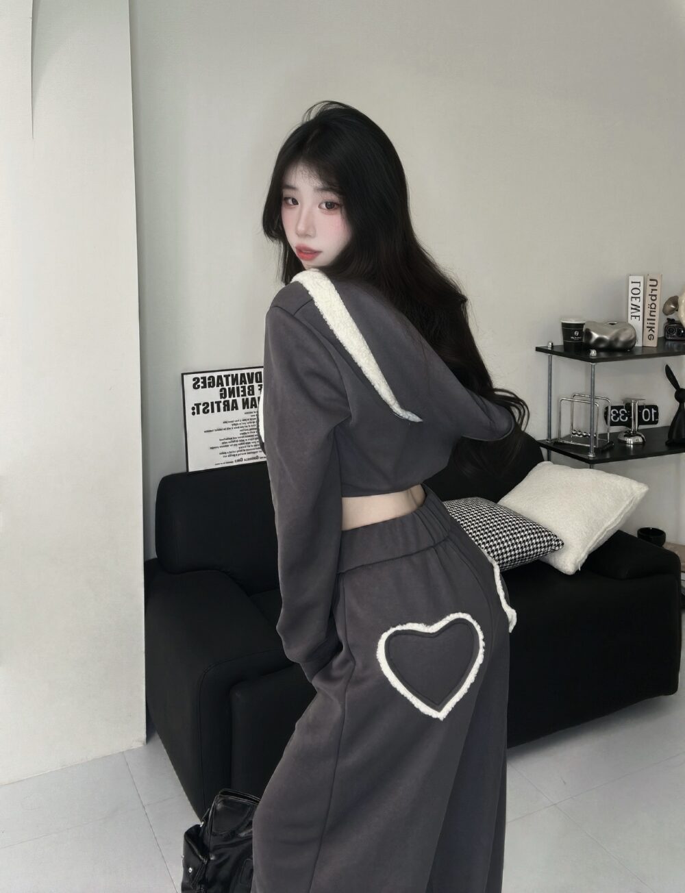 #86915拼接羊羔毛雙拉鏈連帽短版外套+愛心彈性鬆緊寬褲Set