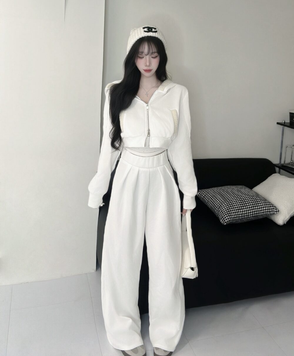 #86915拼接羊羔毛雙拉鏈連帽短版外套+愛心彈性鬆緊寬褲Set