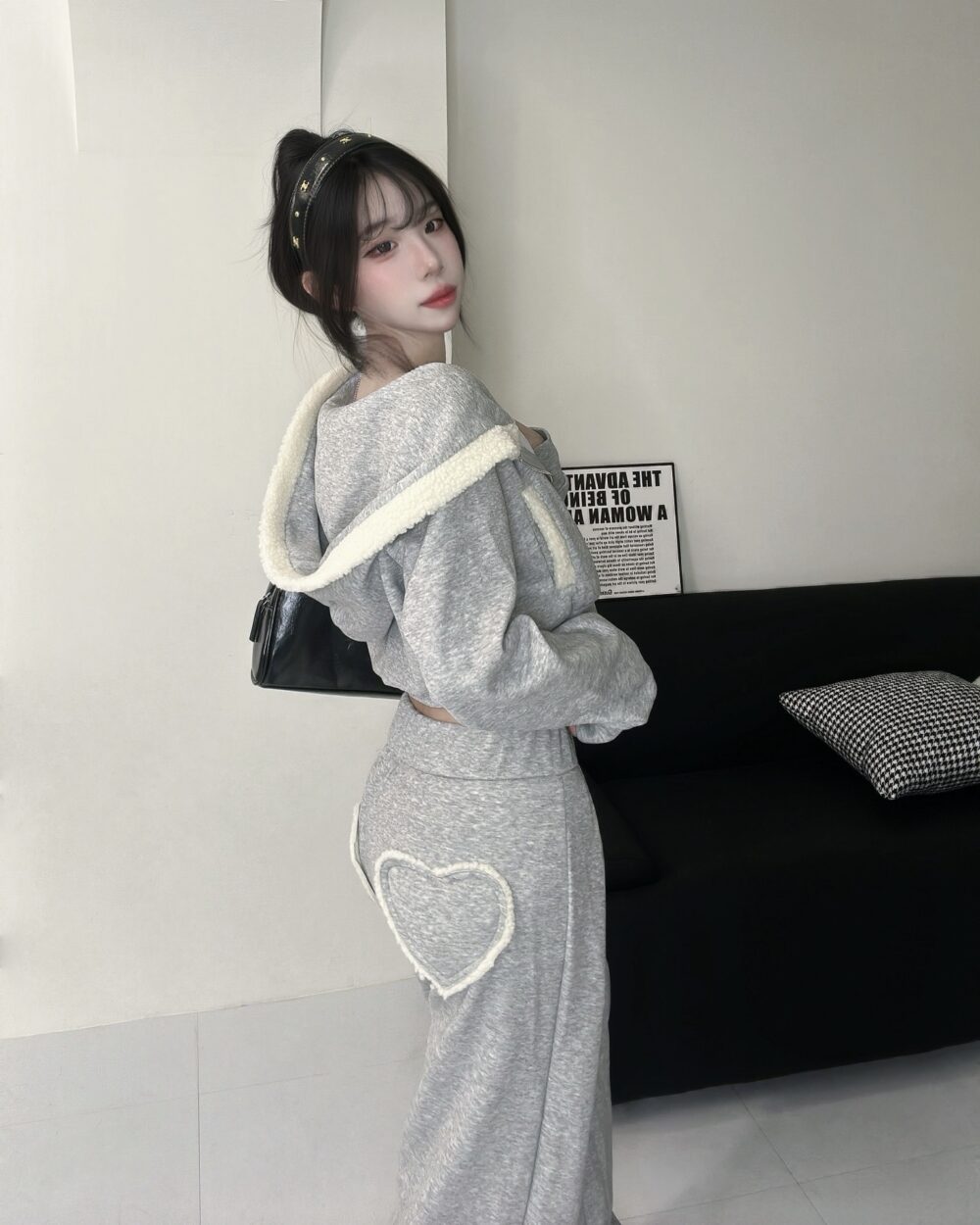 #86915拼接羊羔毛雙拉鏈連帽短版外套+愛心彈性鬆緊寬褲Set