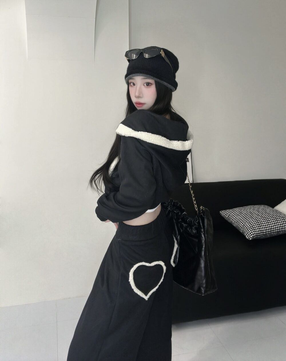 #86915拼接羊羔毛雙拉鏈連帽短版外套+愛心彈性鬆緊寬褲Set