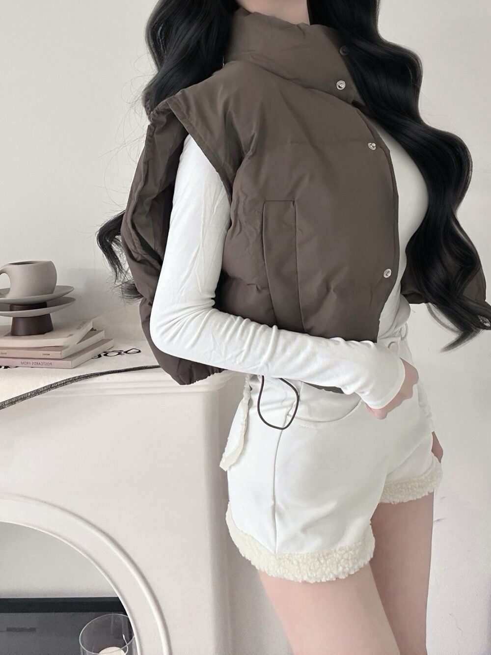 #86860五金釦愛心毛邊造型後鬆緊毛毛皮褲單品