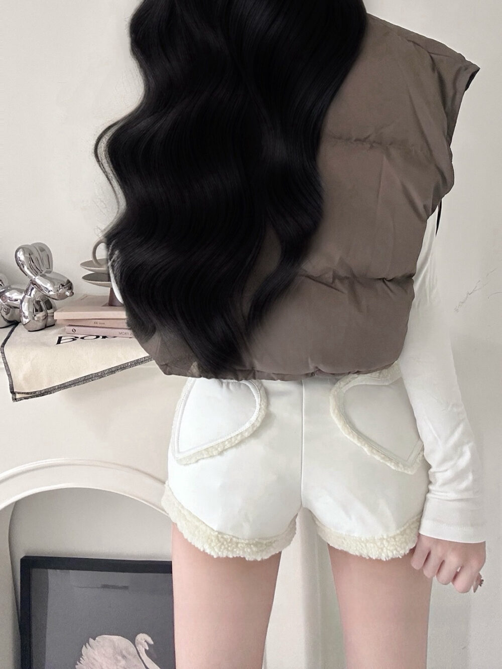 #86860五金釦愛心毛邊造型後鬆緊毛毛皮褲單品