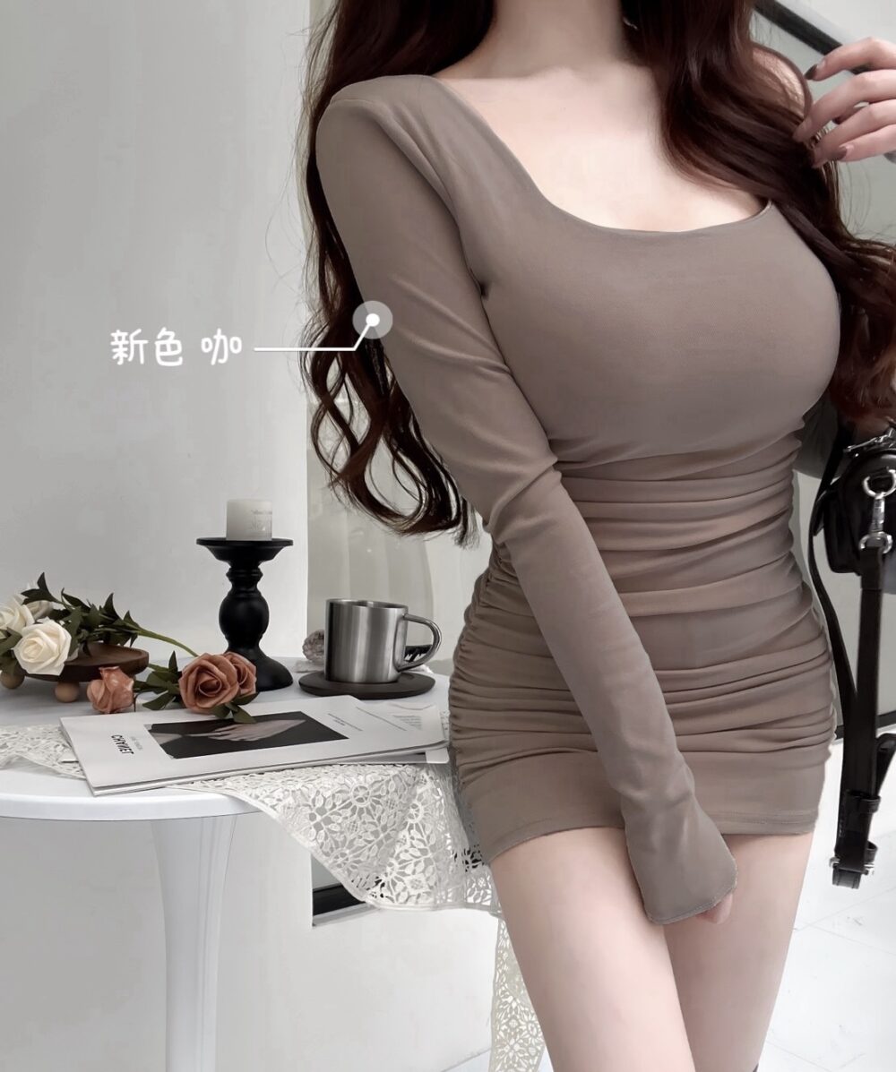 #33093魔鬼身材|單肩細繩內杯連身抓皺短洋