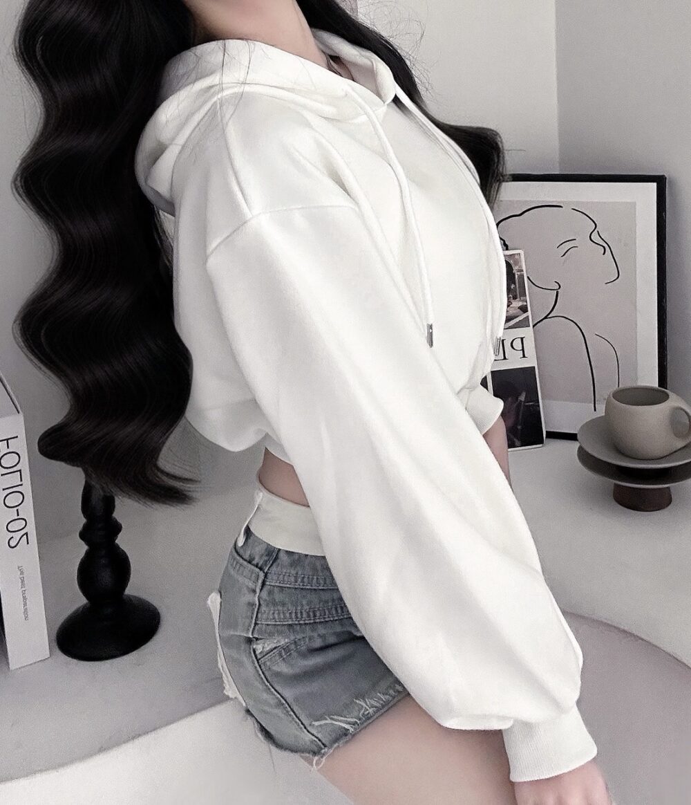 #73126 抽繩連帽縮腰寬袖內刷毛短版帽T