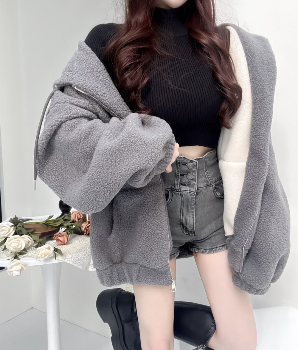 #86917小熊餅乾 羊羔毛連帽長版彈性縮口外套