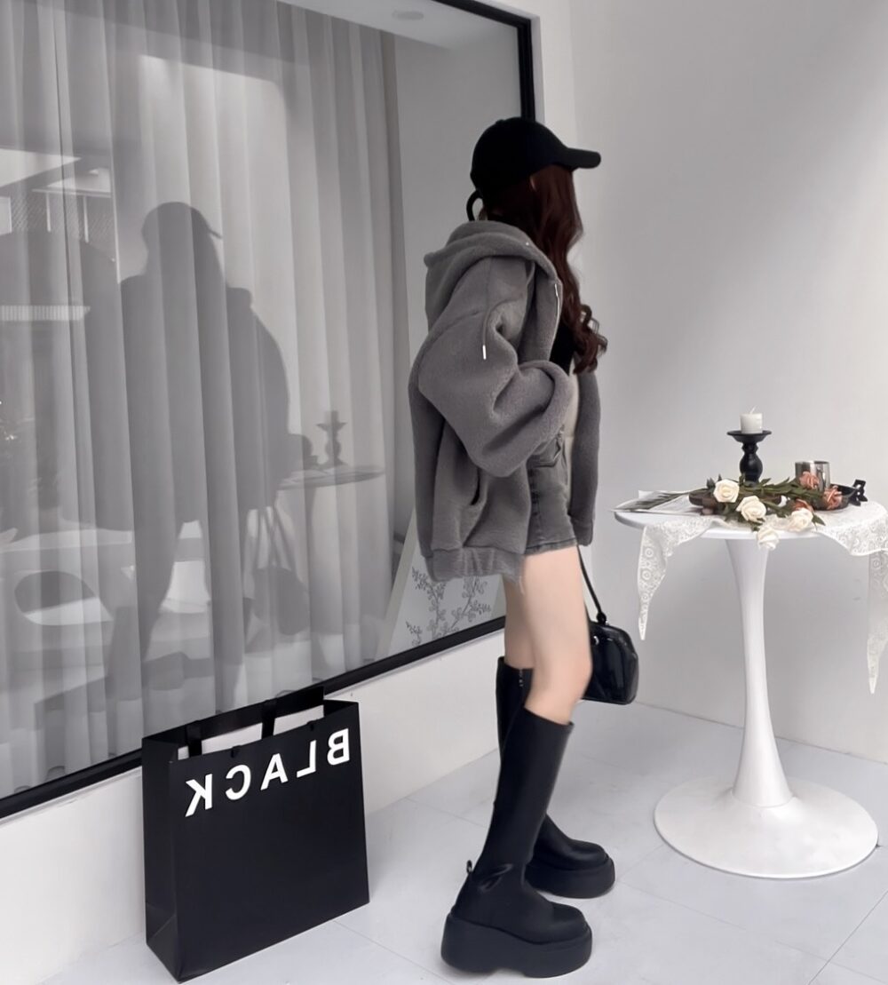 #86917小熊餅乾 羊羔毛連帽長版彈性縮口外套