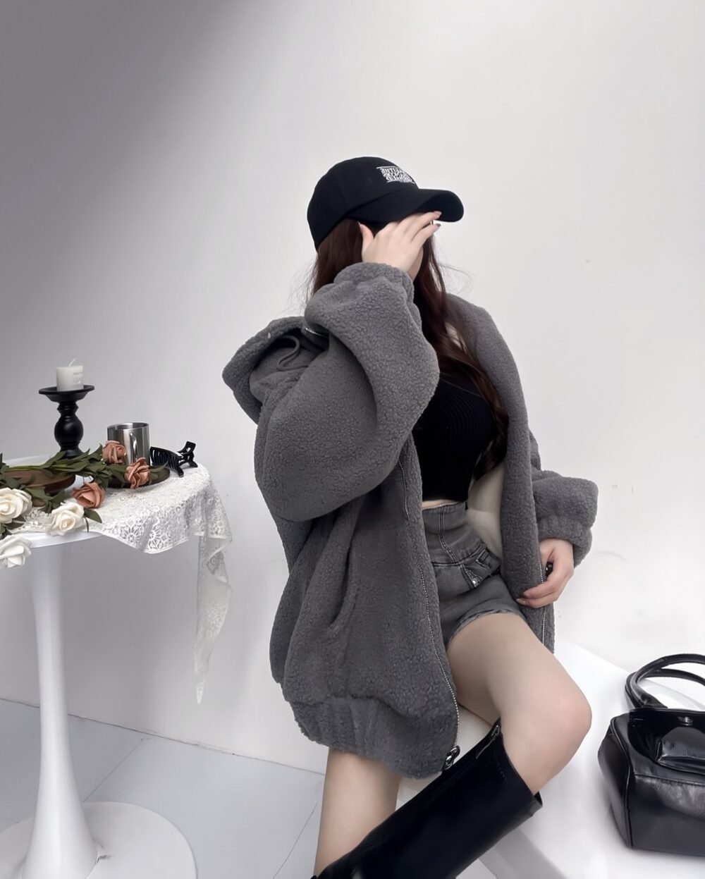 #86917小熊餅乾 羊羔毛連帽長版彈性縮口外套