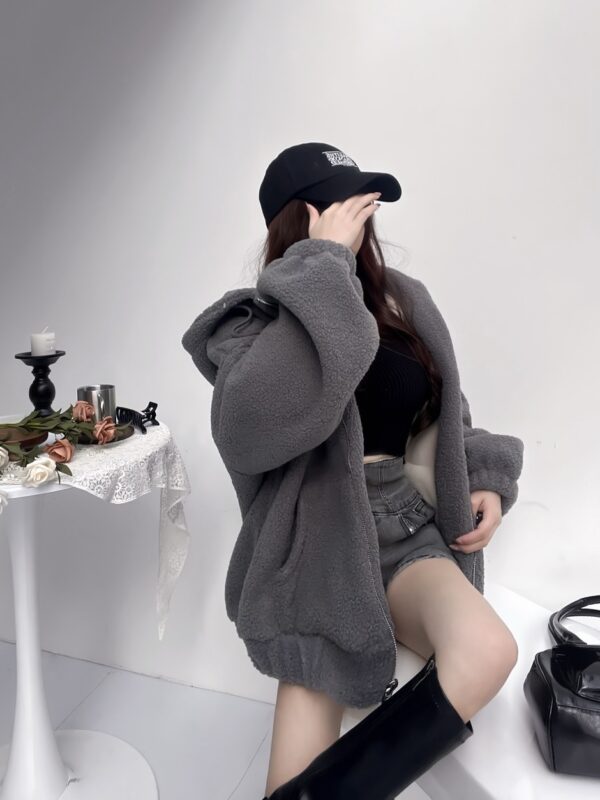 #86917小熊餅乾 羊羔毛連帽長版彈性縮口外套