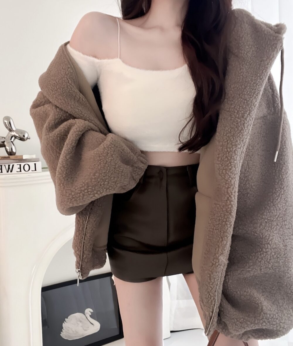 #86917小熊餅乾 羊羔毛連帽長版彈性縮口外套