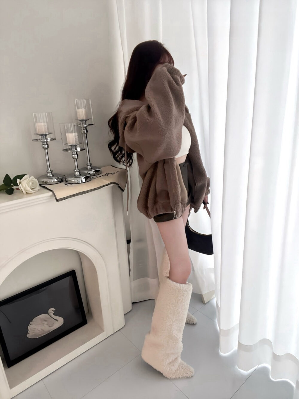 #86917小熊餅乾 羊羔毛連帽長版彈性縮口外套