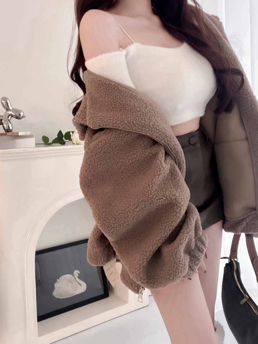 #86917小熊餅乾 羊羔毛連帽長版彈性縮口外套