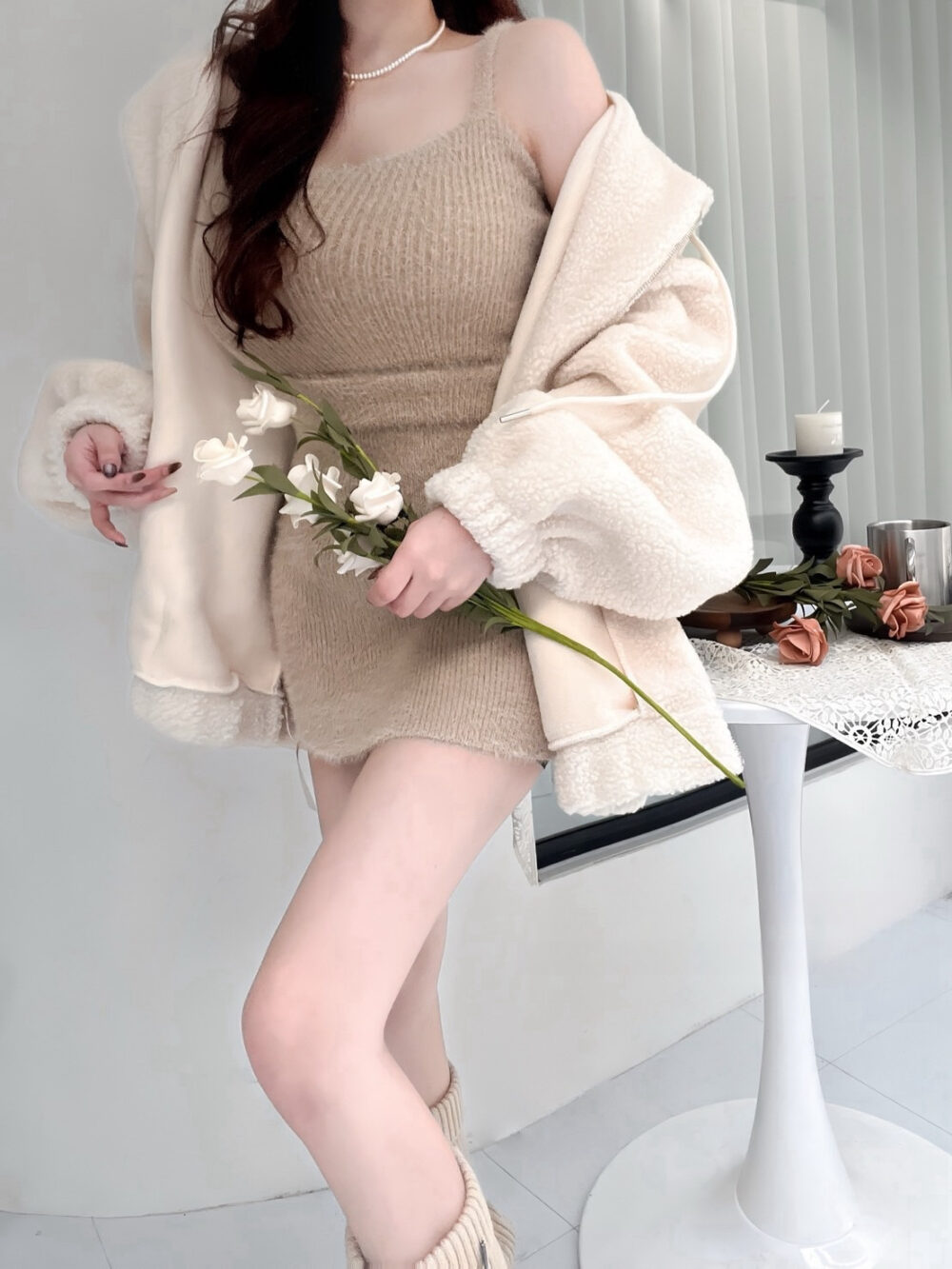 #86917小熊餅乾 羊羔毛連帽長版彈性縮口外套