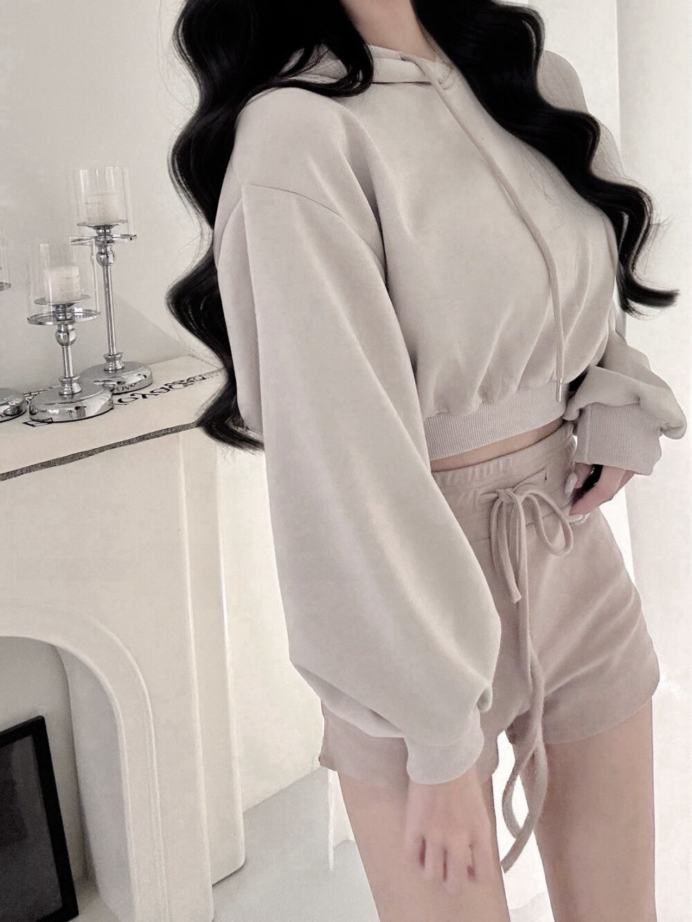 #73126 抽繩連帽縮腰寬袖內刷毛短版帽T