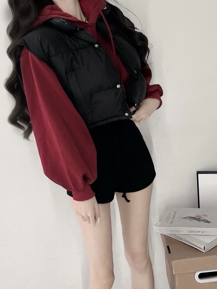 #73126 抽繩連帽縮腰寬袖內刷毛短版帽T