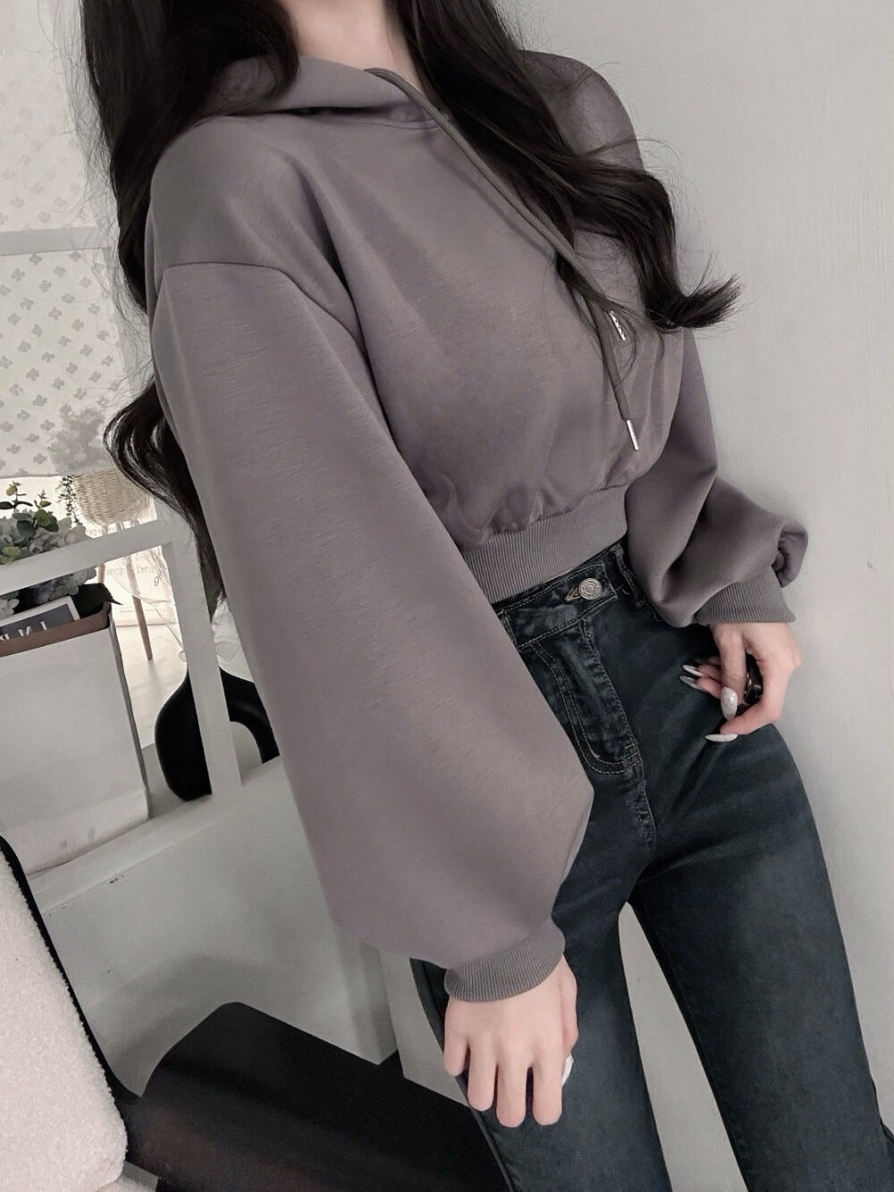 #73126 抽繩連帽縮腰寬袖內刷毛短版帽T