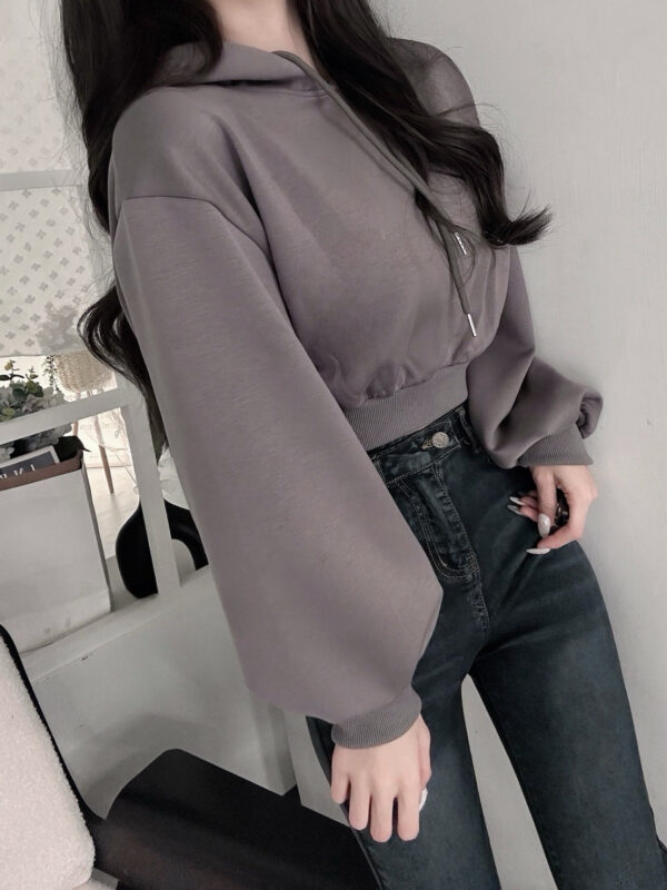 #73126 抽繩連帽縮腰寬袖內刷毛短版帽T