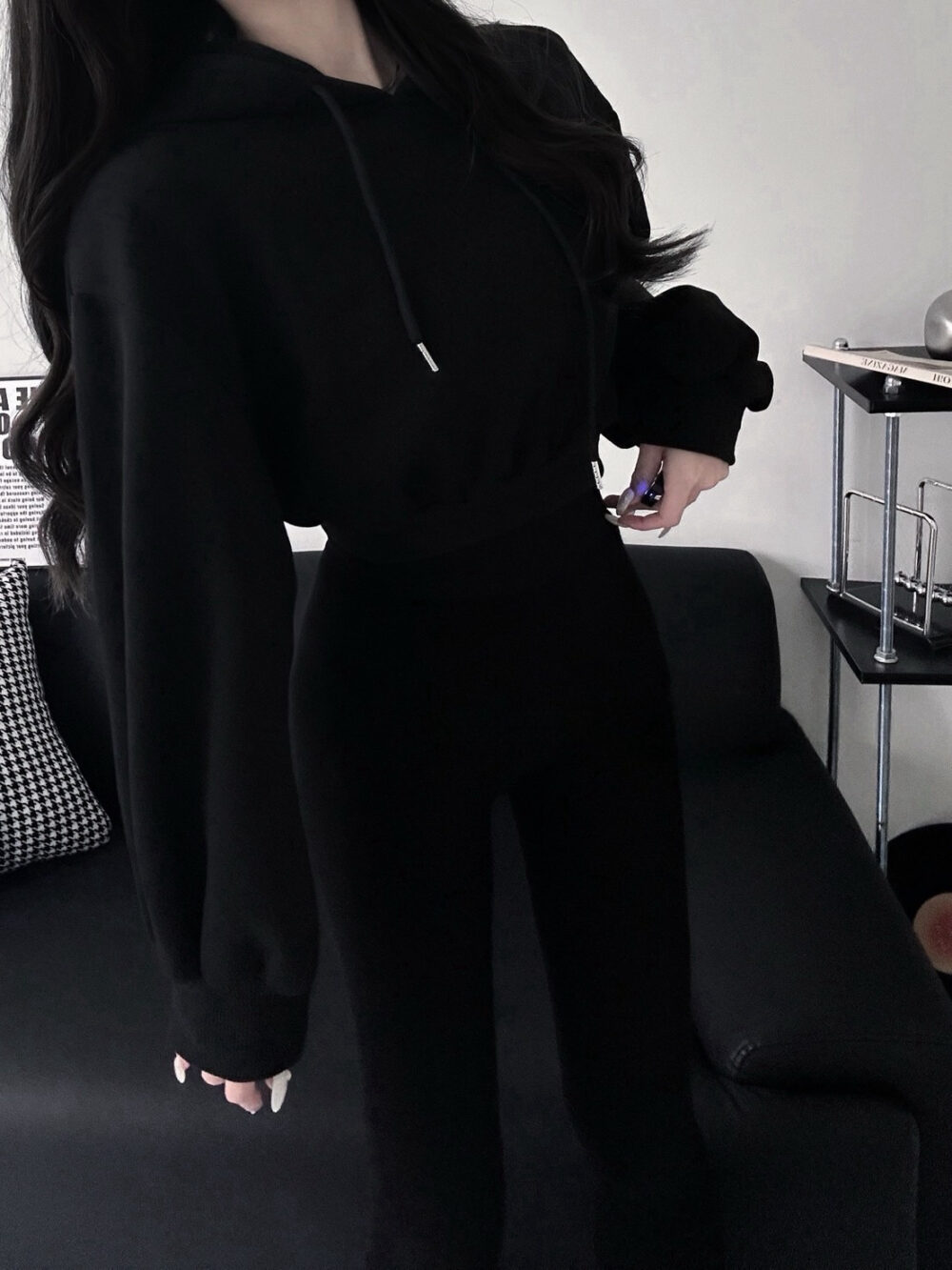 #73126 抽繩連帽縮腰寬袖內刷毛短版帽T