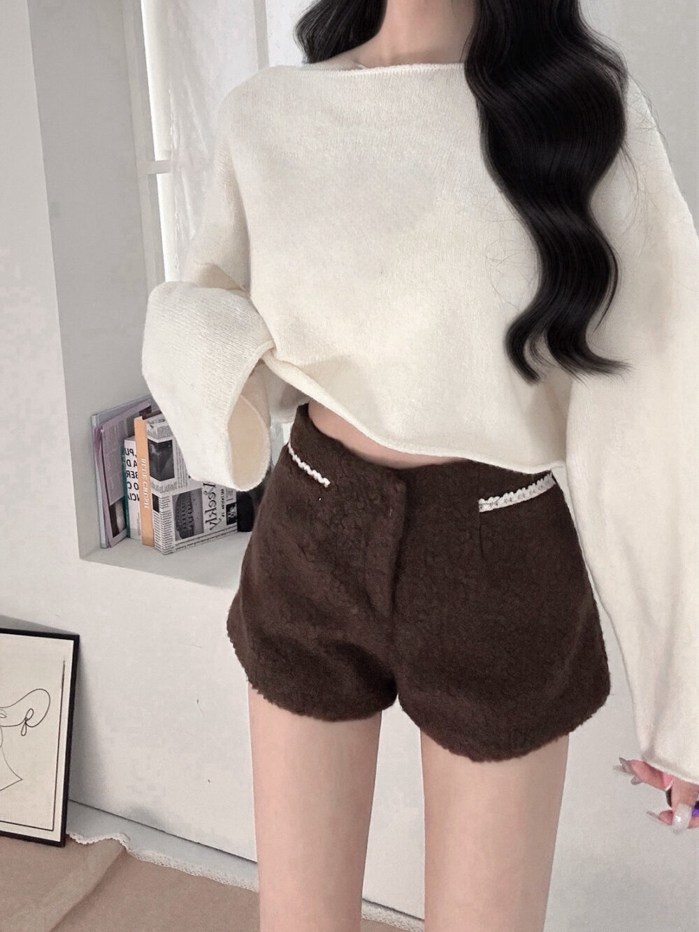 #2900琥珀時光|蕾絲造型設計毛呢短褲
