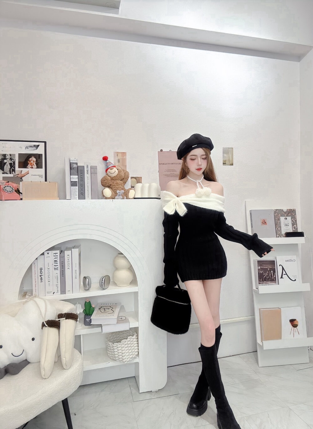 #3093節日氛圍感get! 針織保暖平領蝴蝶結連身短洋