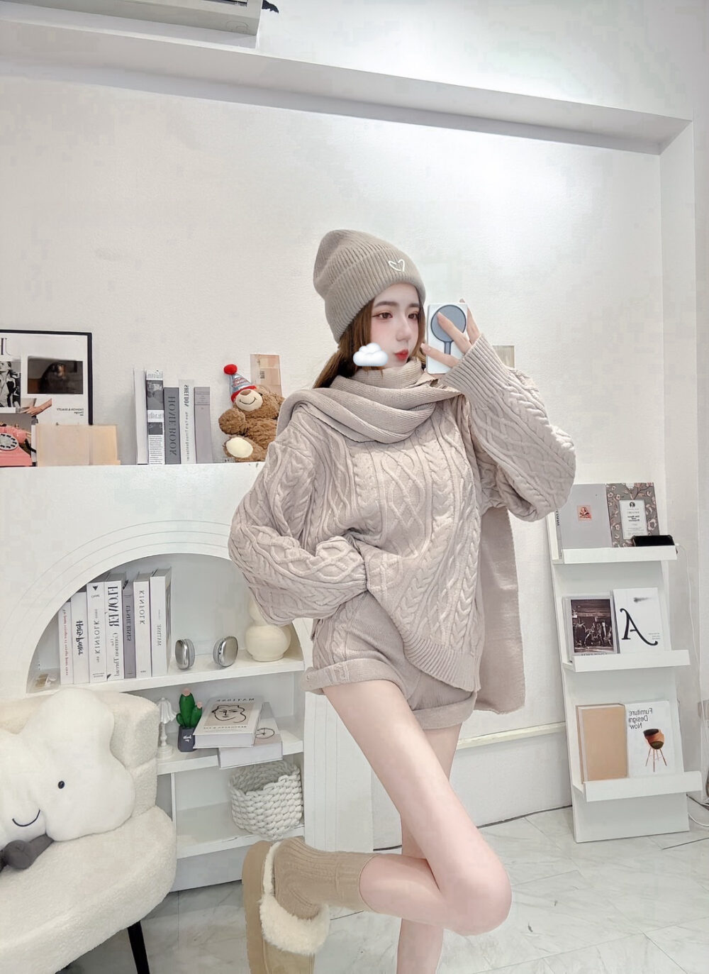 #7178麻花重磅針織上衣+短褲+圍巾三件套