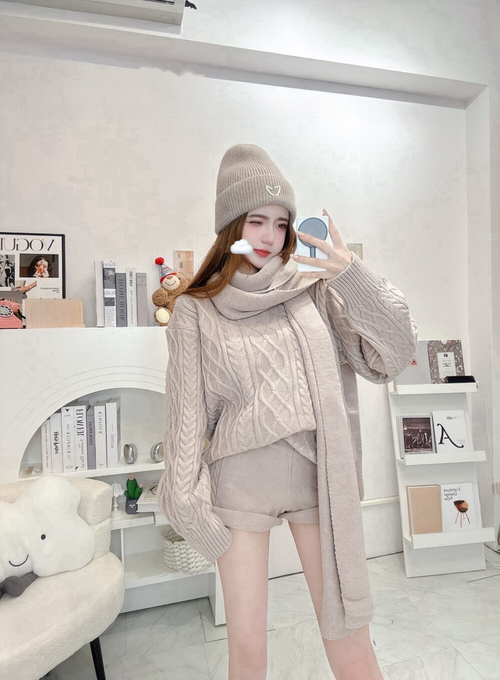 #7178麻花重磅針織上衣+短褲+圍巾三件套