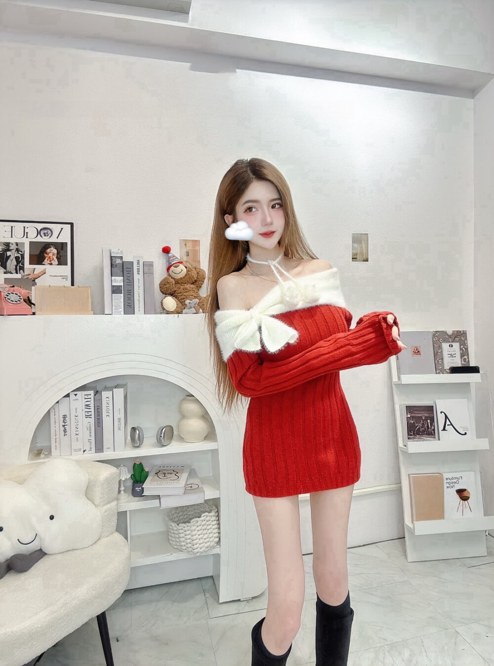 #3093節日氛圍感get! 針織保暖平領蝴蝶結連身短洋