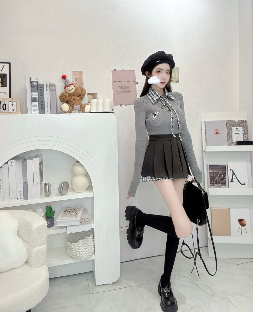 #51073 重磅!!!針織保暖上衣  +polo領配件+毛呢短裙SET