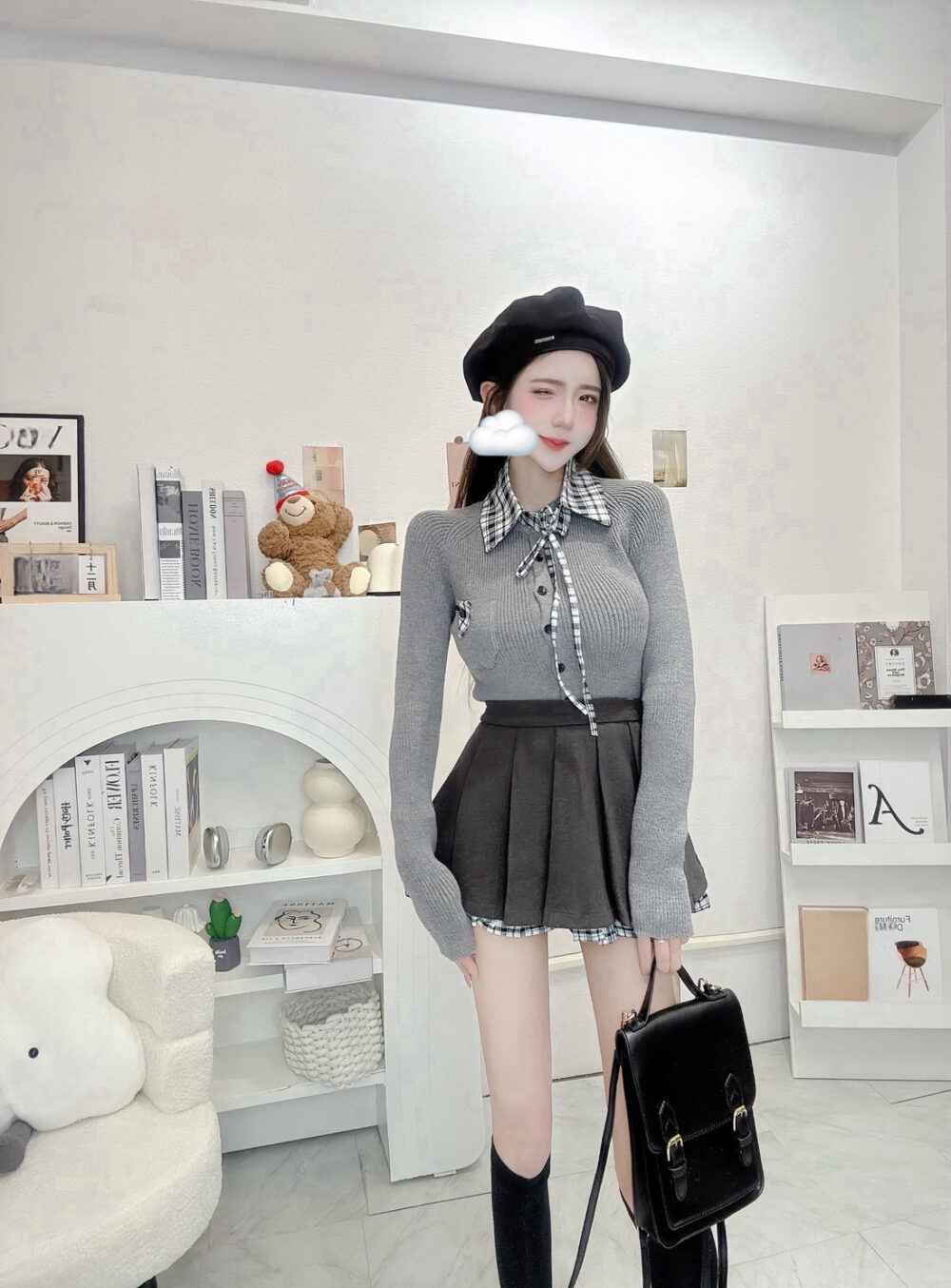 #51073 重磅!!!針織保暖上衣  +polo領配件+毛呢短裙SET