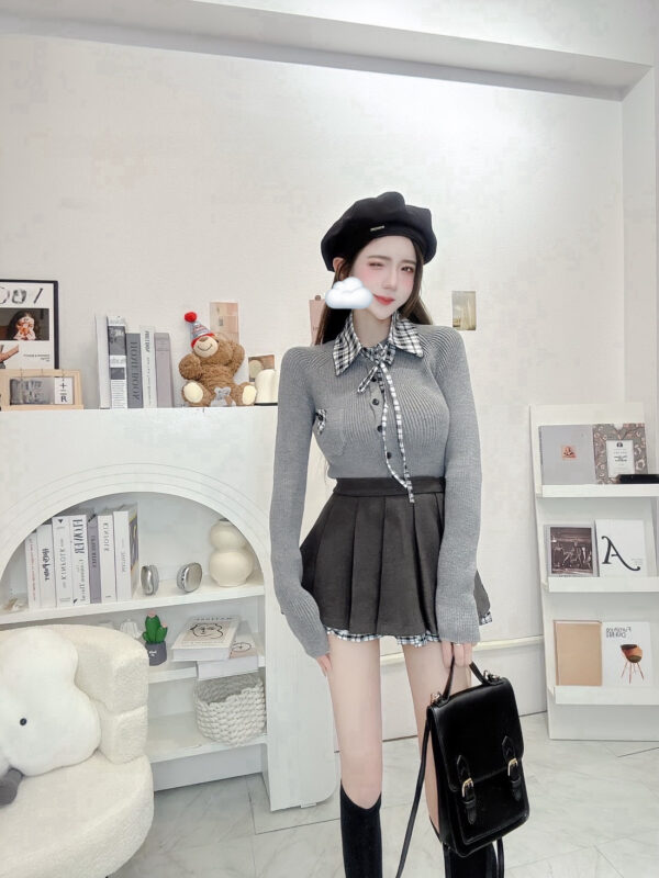 #51073 重磅!!!針織保暖上衣  +polo領配件+毛呢短裙SET