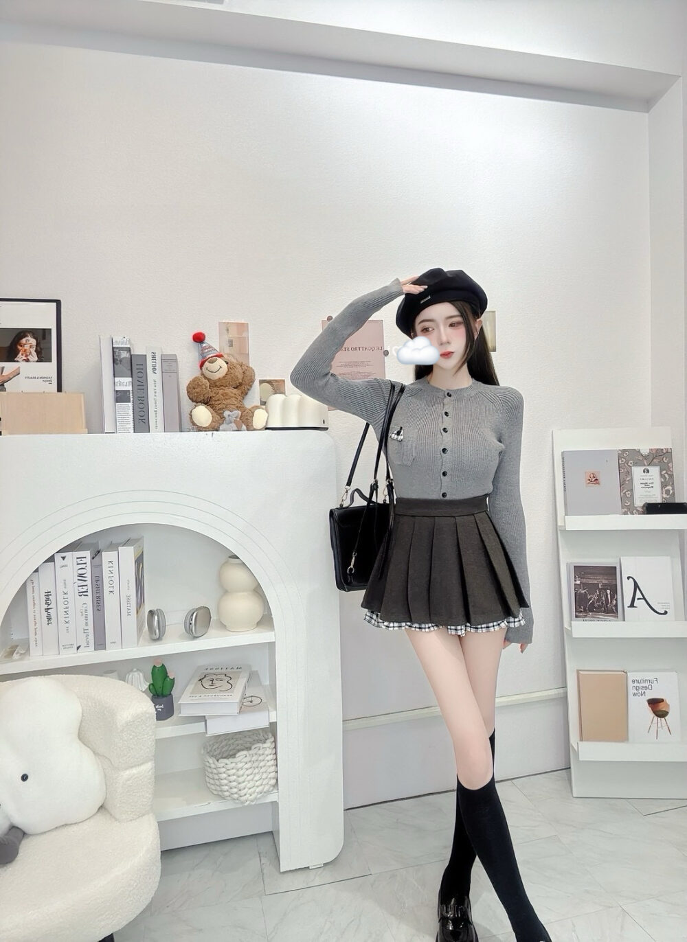 #51073 重磅!!!針織保暖上衣  +polo領配件+毛呢短裙SET