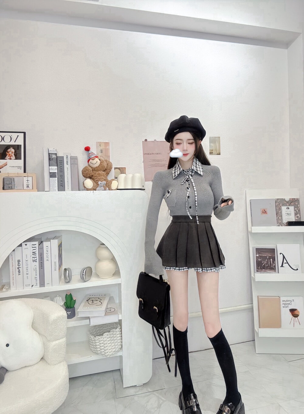 #51073 重磅!!!針織保暖上衣  +polo領配件+毛呢短裙SET