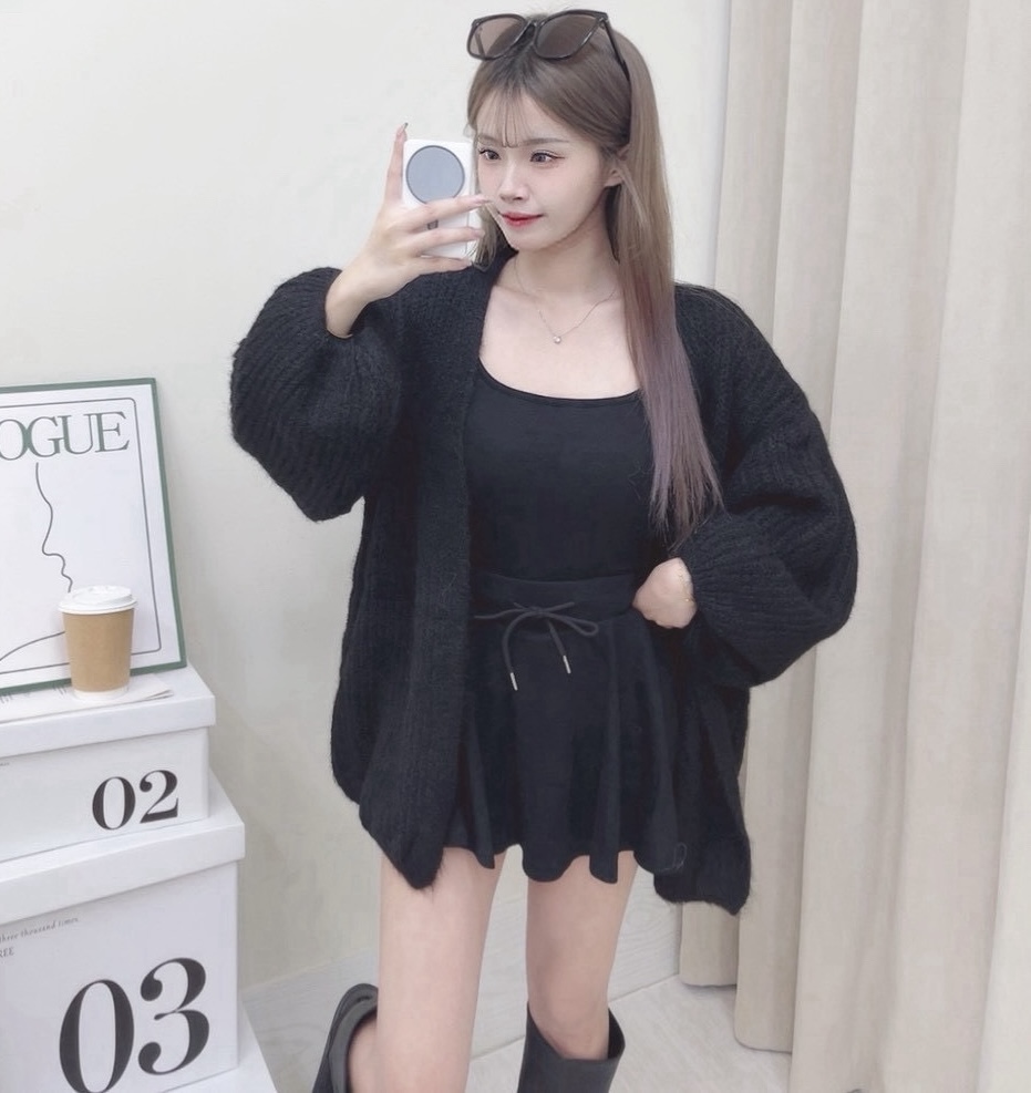 #5372 溫柔穿搭 羊絨胸墊背心+抽繩傘裙+泡泡袖針織外罩