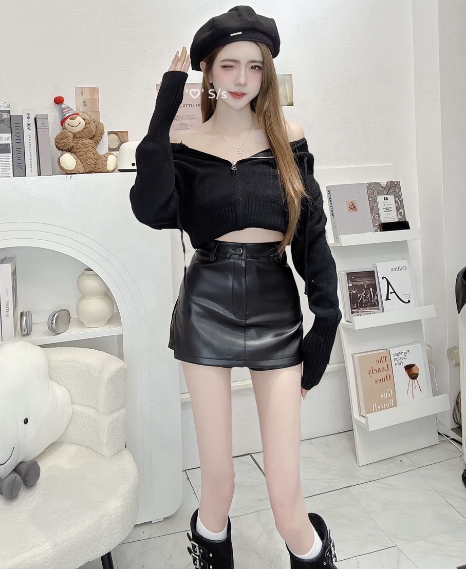 #871質感皮質高腰開衩短裙單品