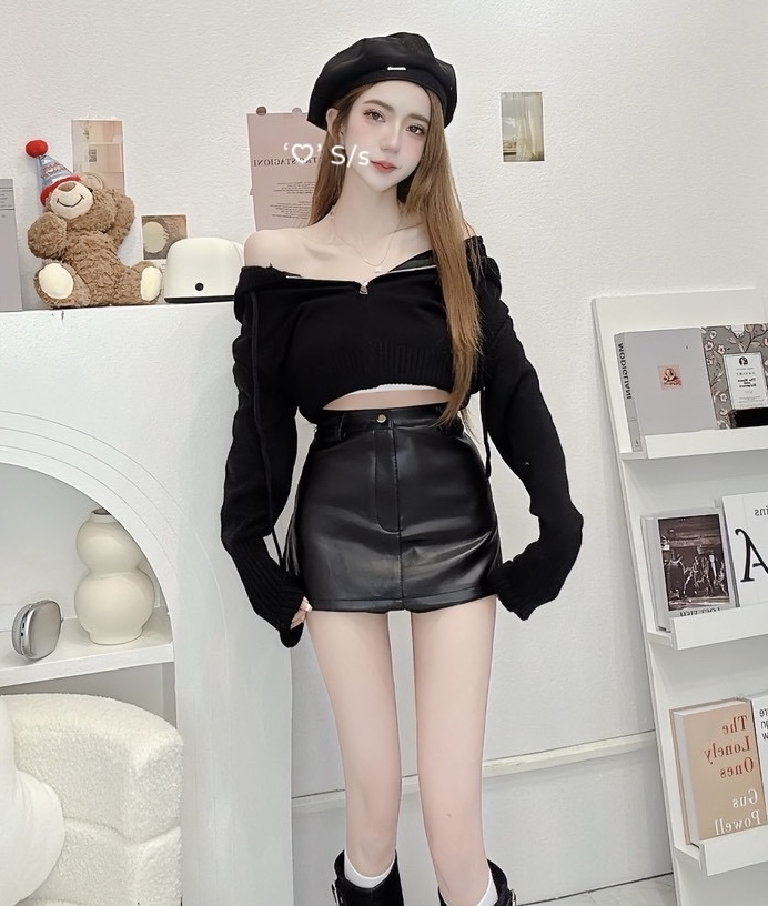 #871質感皮質高腰開衩短裙單品