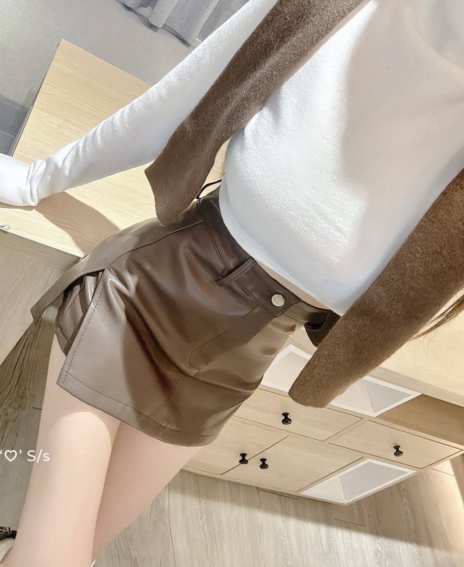 #871質感皮質高腰開衩短裙單品