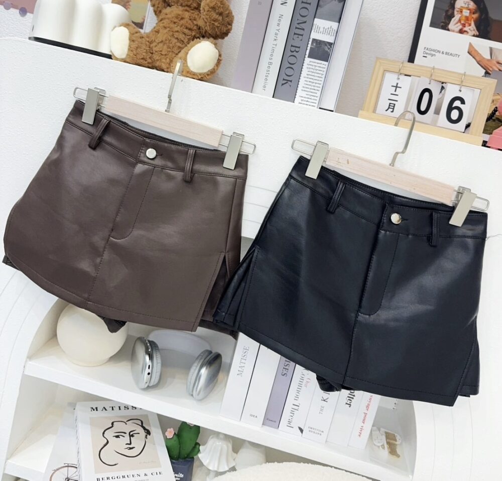 #871質感皮質高腰開衩短裙單品