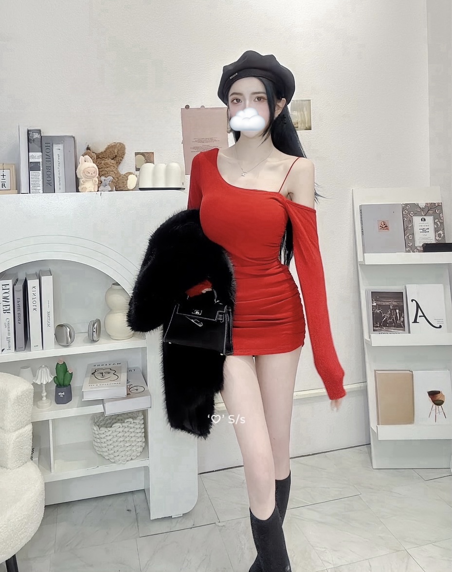 #3096 單肩內杯抓皺內磨毛連身短洋