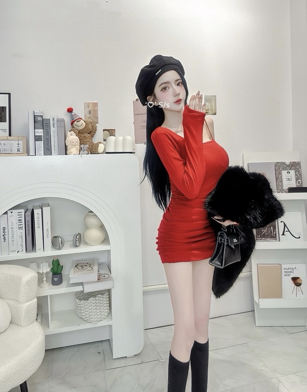 #3096 單肩內杯抓皺內磨毛連身短洋