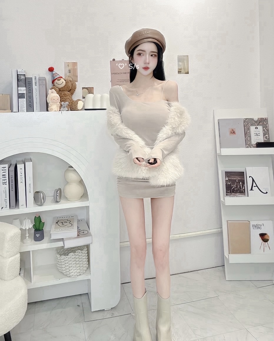 #3096 單肩內杯抓皺內磨毛連身短洋