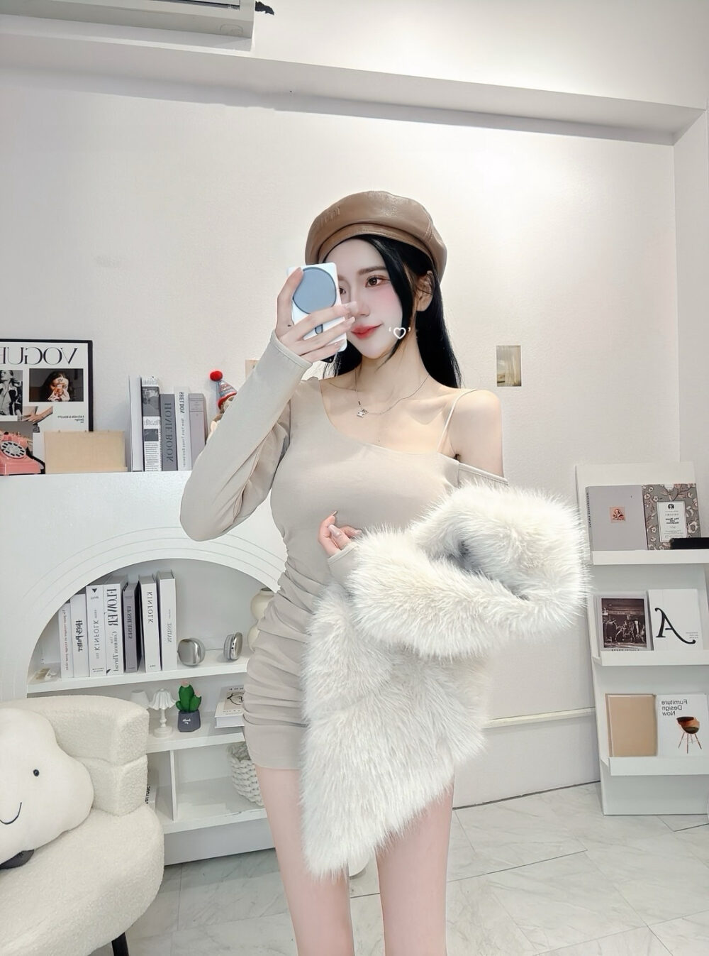 #3096 單肩內杯抓皺內磨毛連身短洋