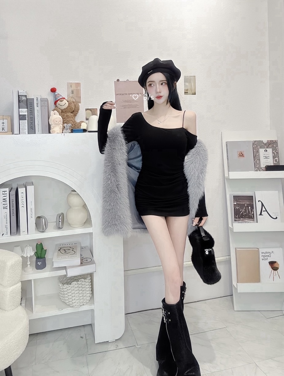 #3096 單肩內杯抓皺內磨毛連身短洋