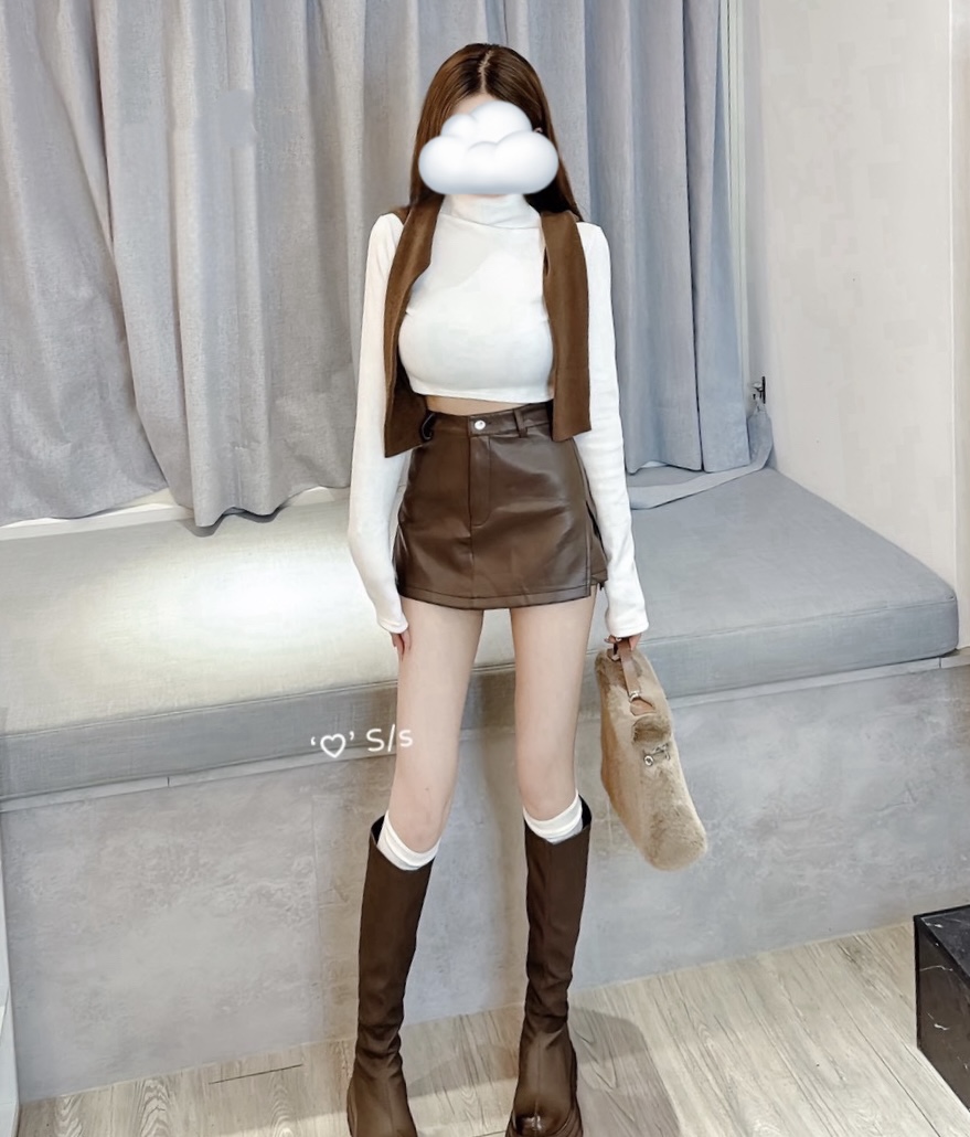 #871質感皮質高腰開衩短裙單品