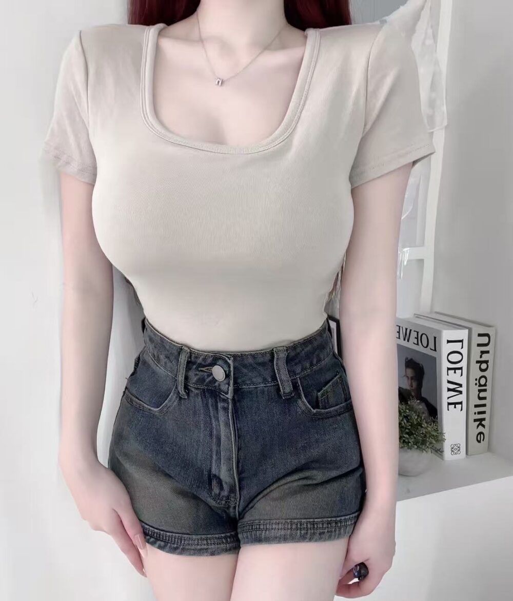 #573-1 韓系日常｜內杯短版方領短袖素面上衣