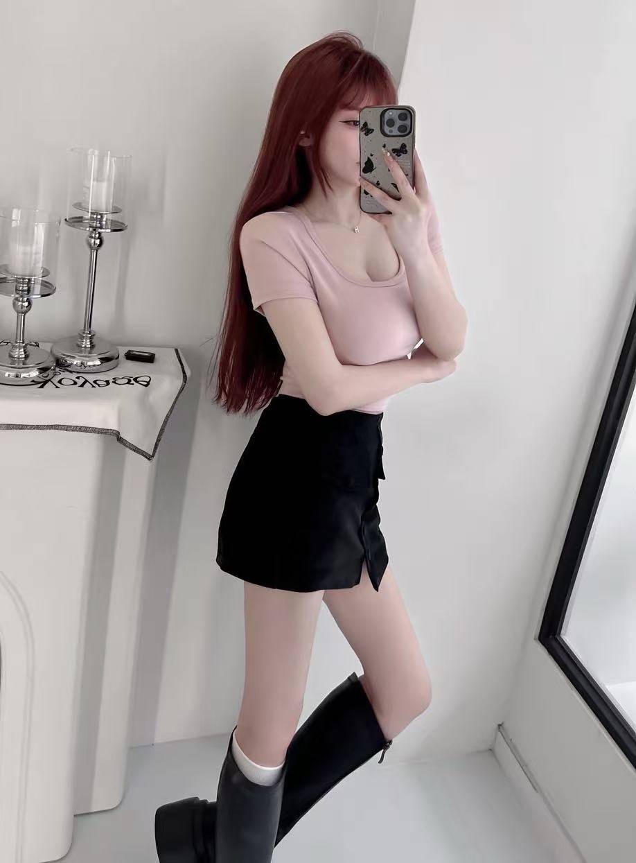 #573-1 韓系日常｜內杯短版方領短袖素面上衣