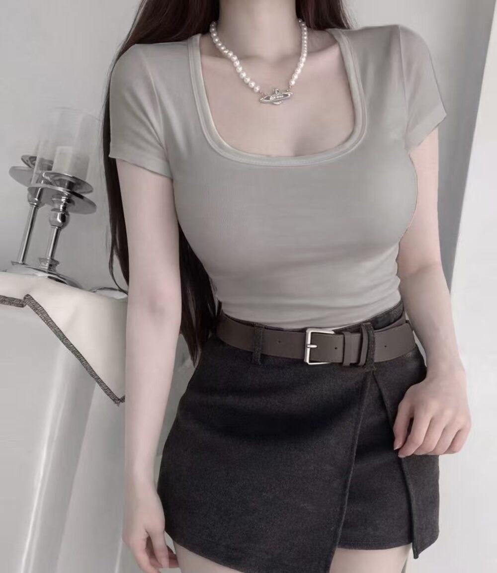 #573-1 韓系日常｜內杯短版方領短袖素面上衣