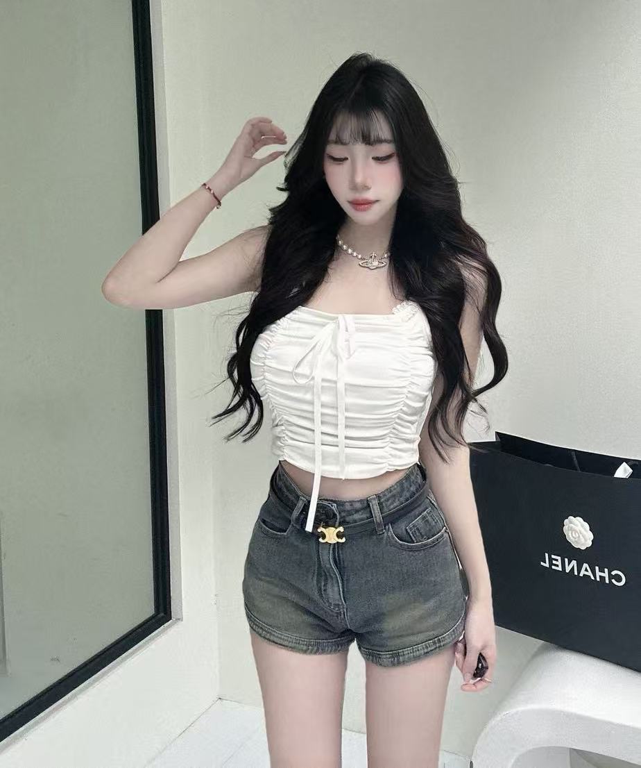 #5001-5蕾絲肩帶抓皺造型內杯小背心