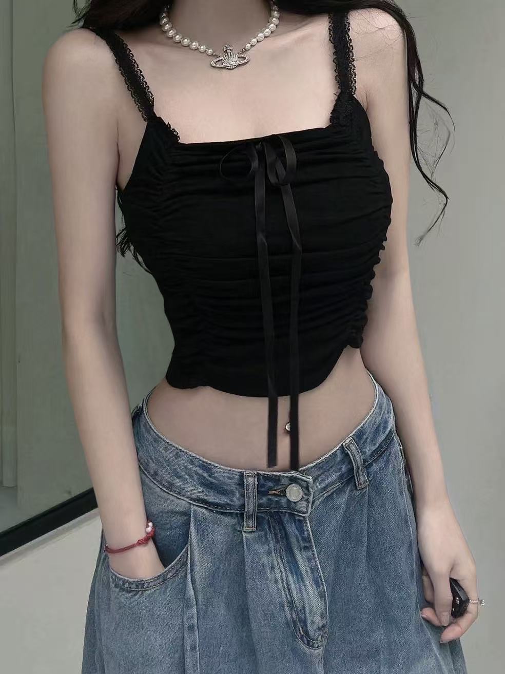 #5001-5蕾絲肩帶抓皺造型內杯小背心